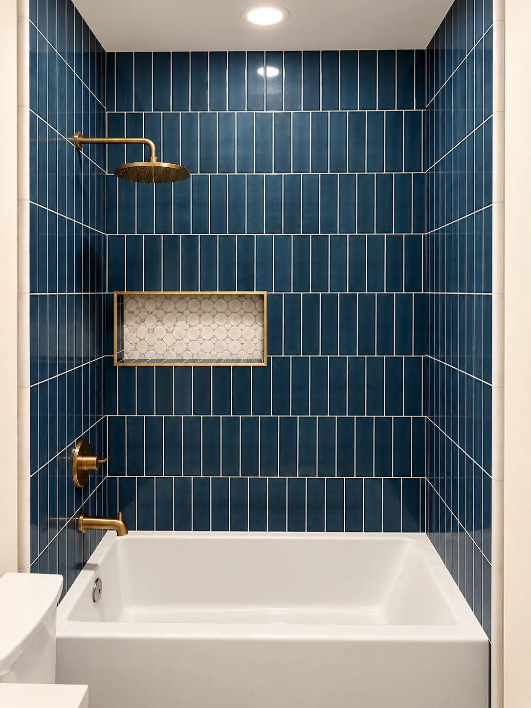 Bathtub and shower in deep blue stacked tile with brass fittings