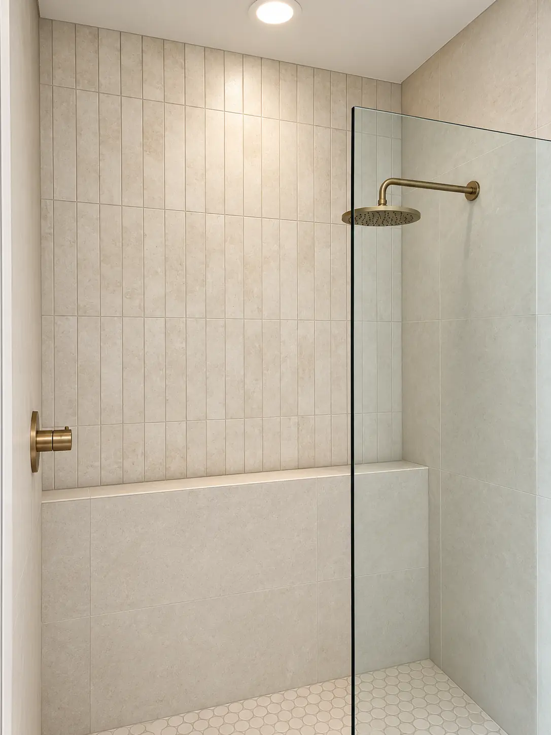 Walk-in shower in cream tile with glass panel and brass fittings